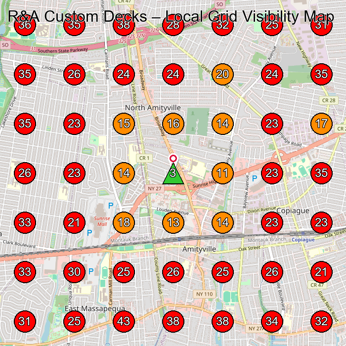 R&A Custom Decks GeoGrid visibility map for Home Builder in Massapequa